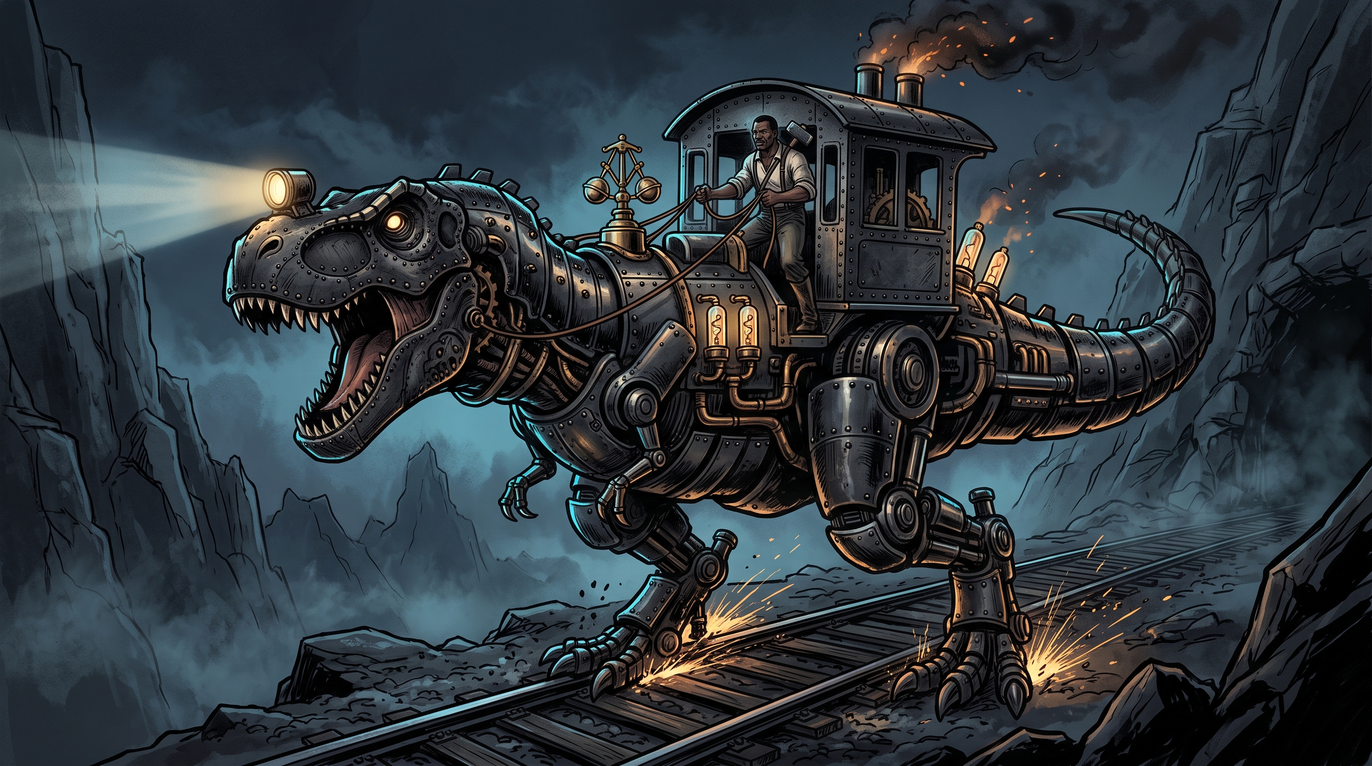John Henry driving a governed steam-locomotive T-Rex down a mountain railroad track