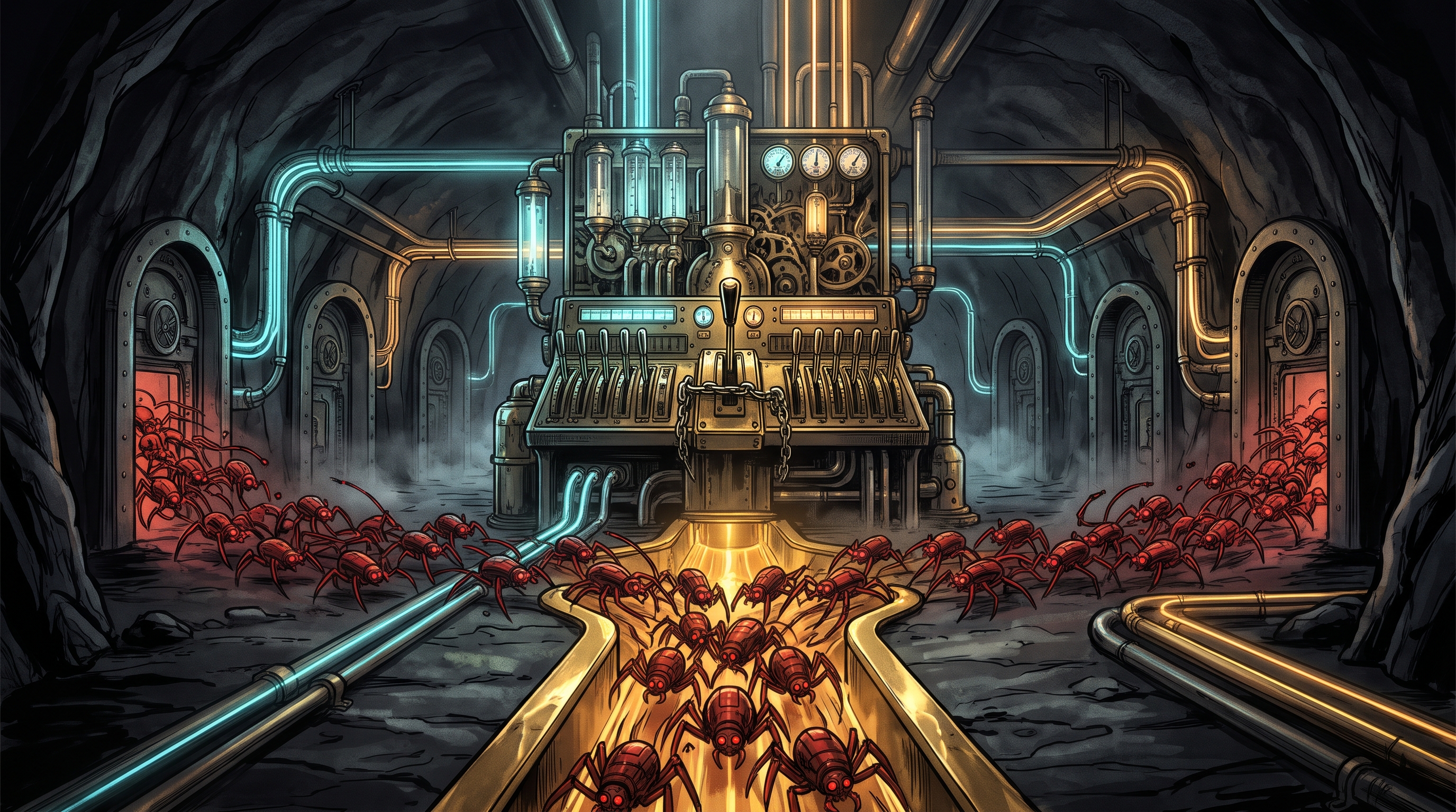 A dark obsidian switchboard routing glowing cyan and amber light streams through brass mechanical gates.