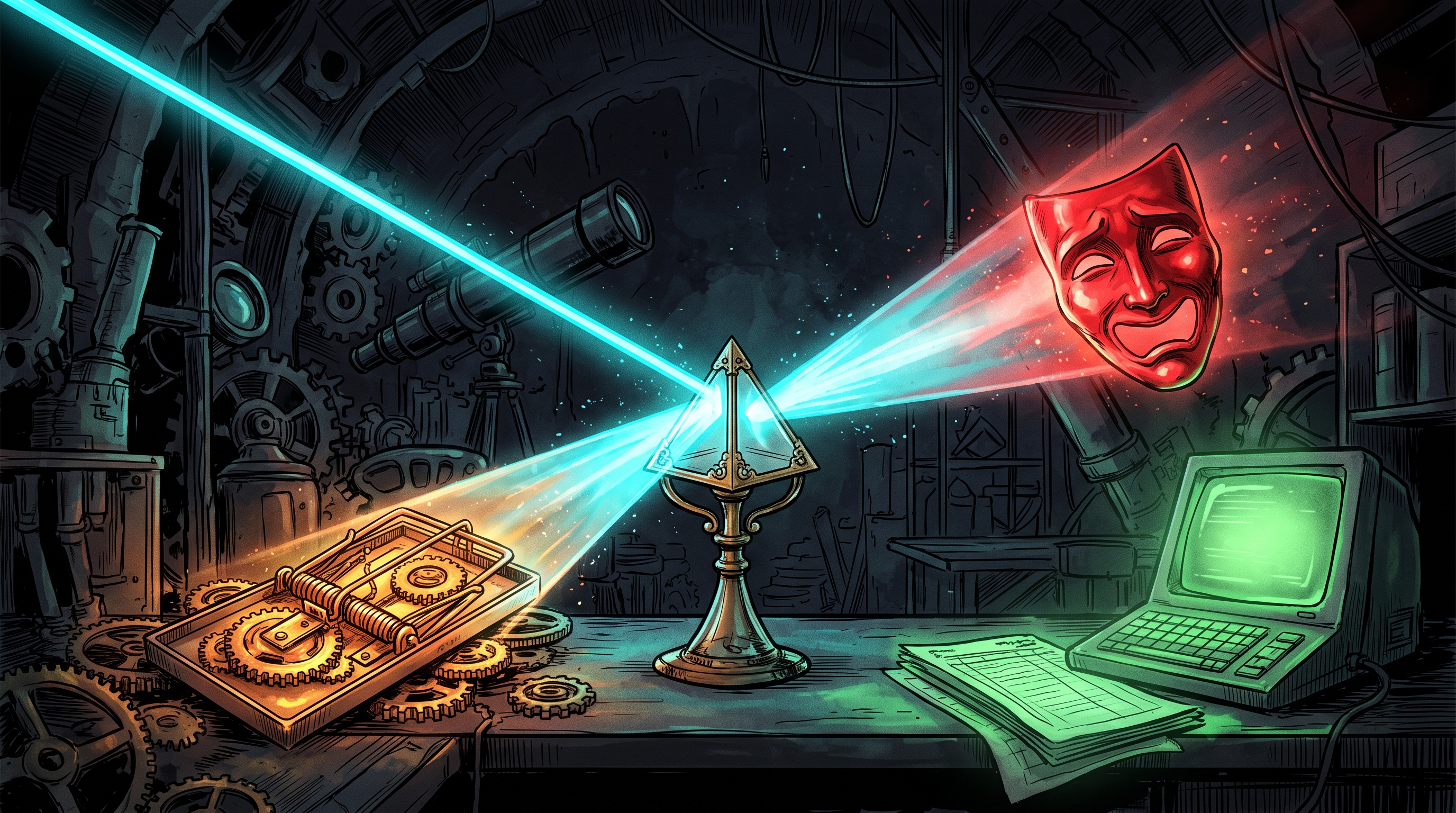 A brass spectrograph prism splitting neon-cyan fiber light to reveal a glowing red theatrical mask above a terminal ledger.