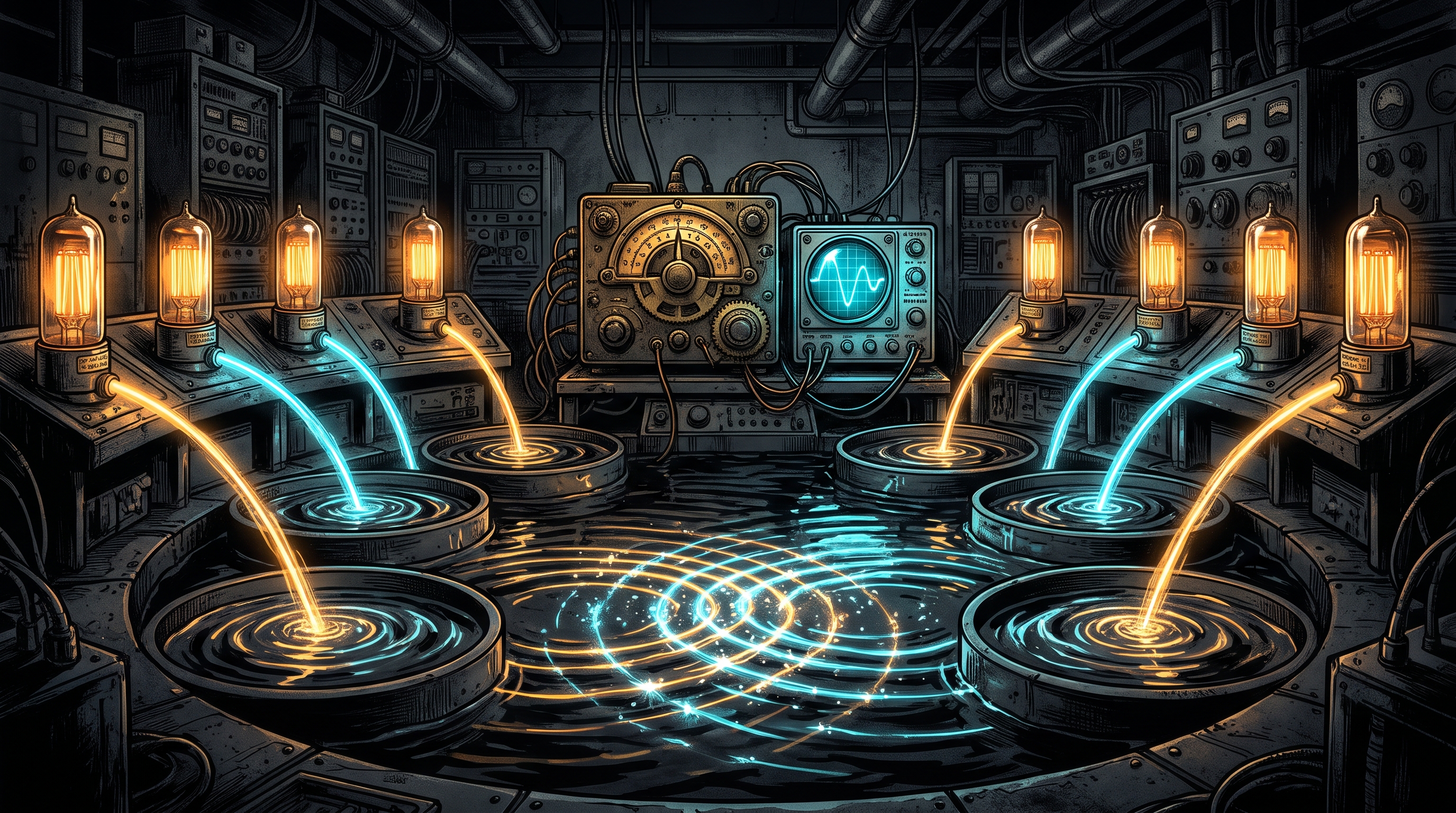 An antique brass radio frequency dial wired to eight glowing terminal waveguides against a dark obsidian backdrop.
