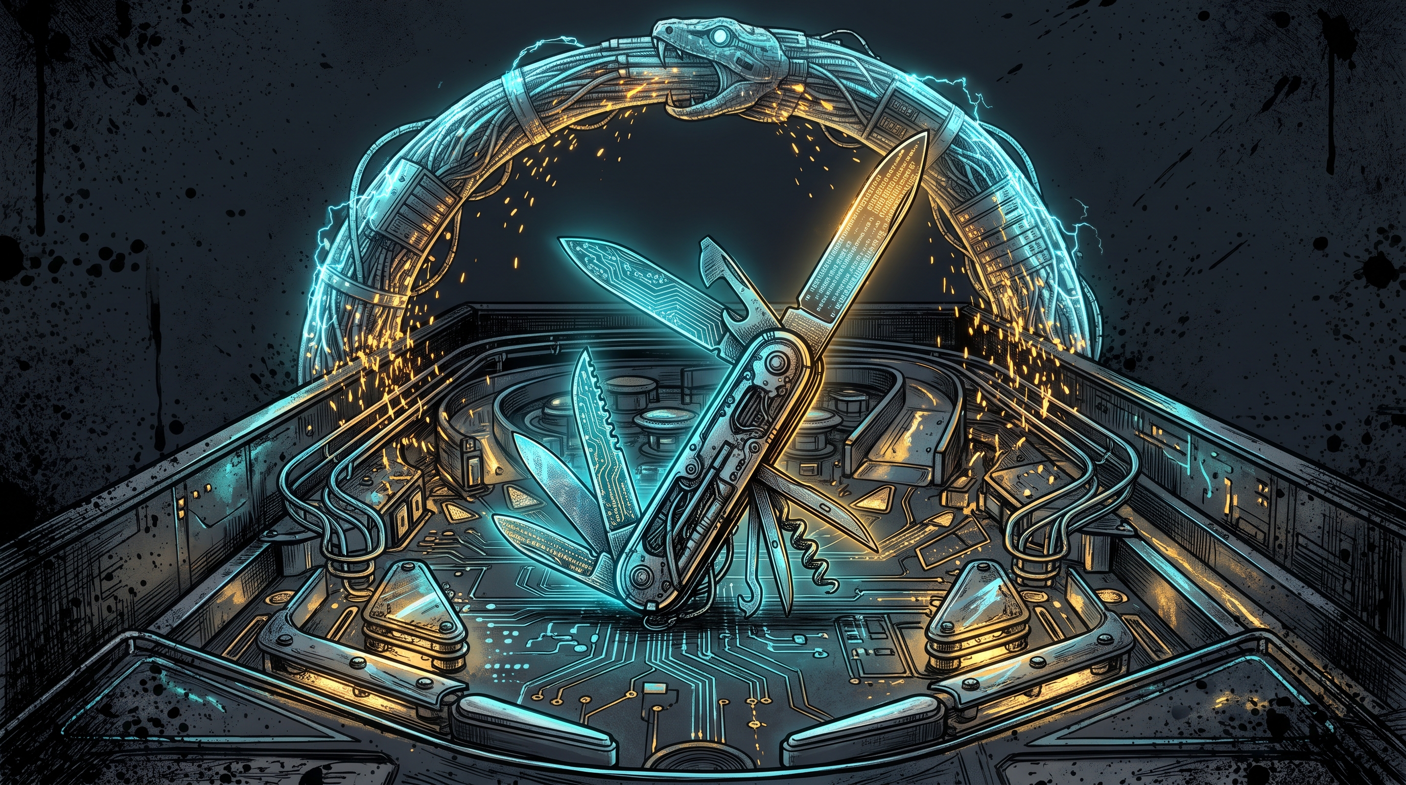 A glowing mechanical Swiss Army Knife on a pinball playfield surrounded by a fiber-optic ouroboros serpent in dark ink.