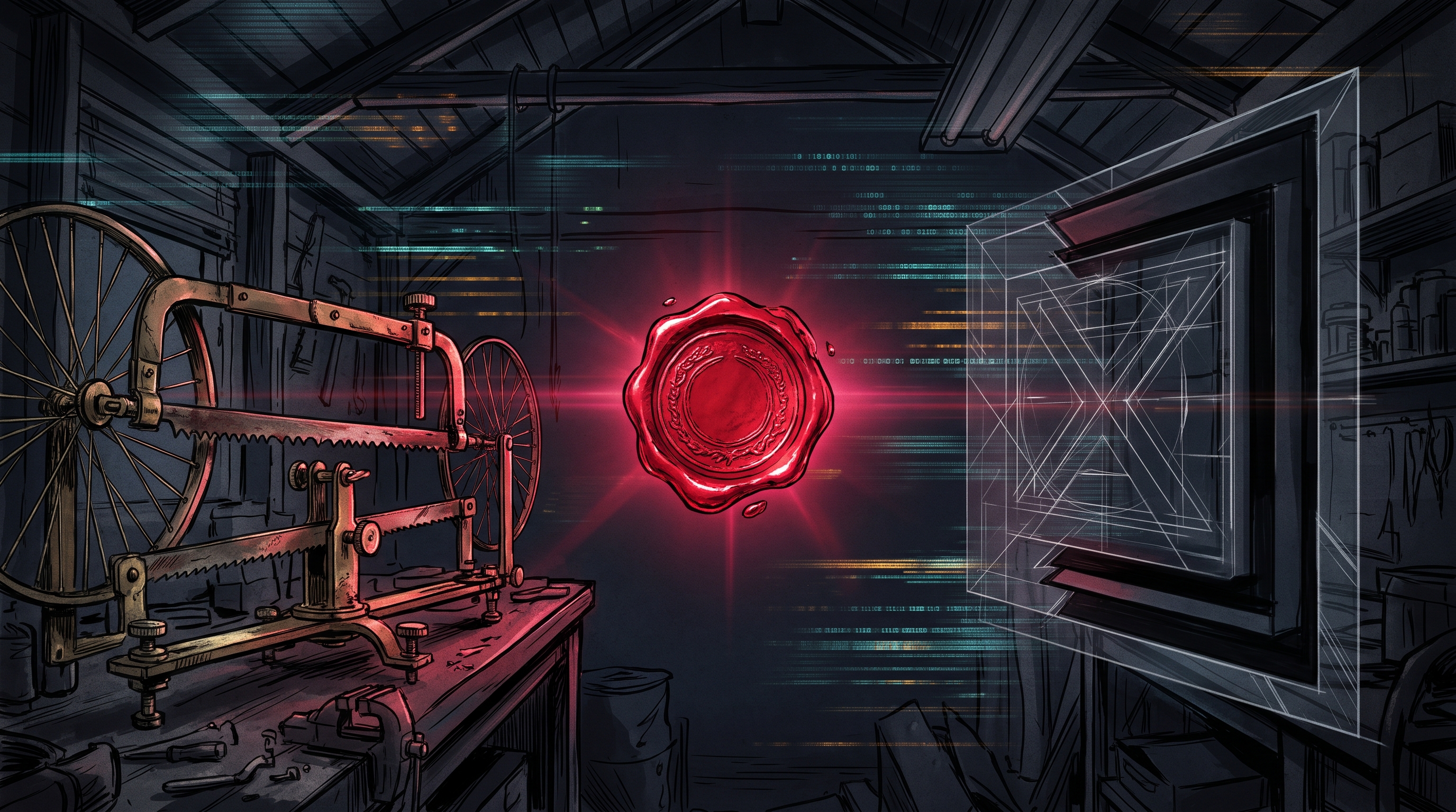 A glowing crimson wax seal floating over a brass wind-tunnel balance and dark obsidian terminal streams.