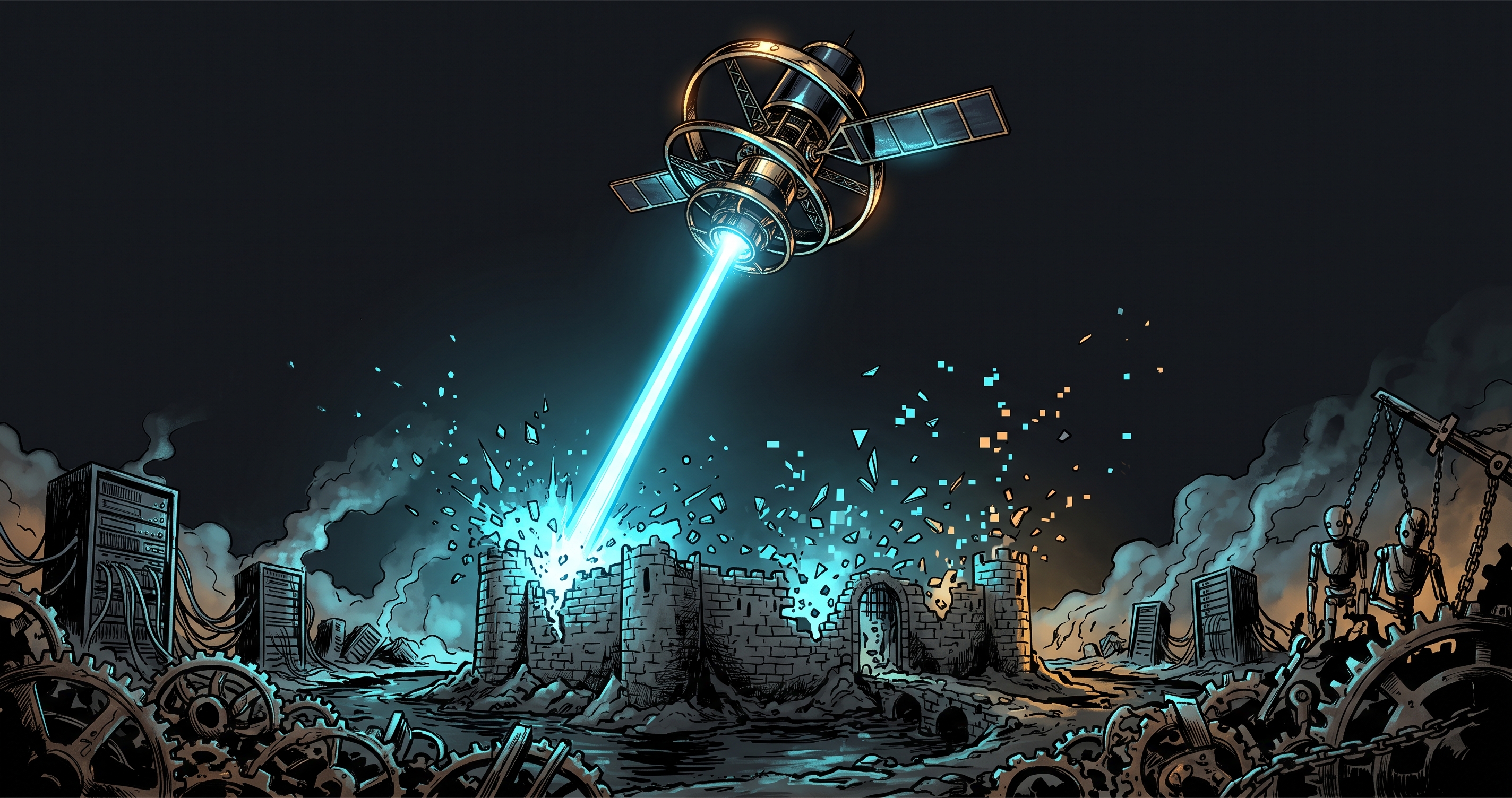 An orbital brass satellite cannon firing a cyan beam that vaporizes a moat of rusty clockwork server gears.