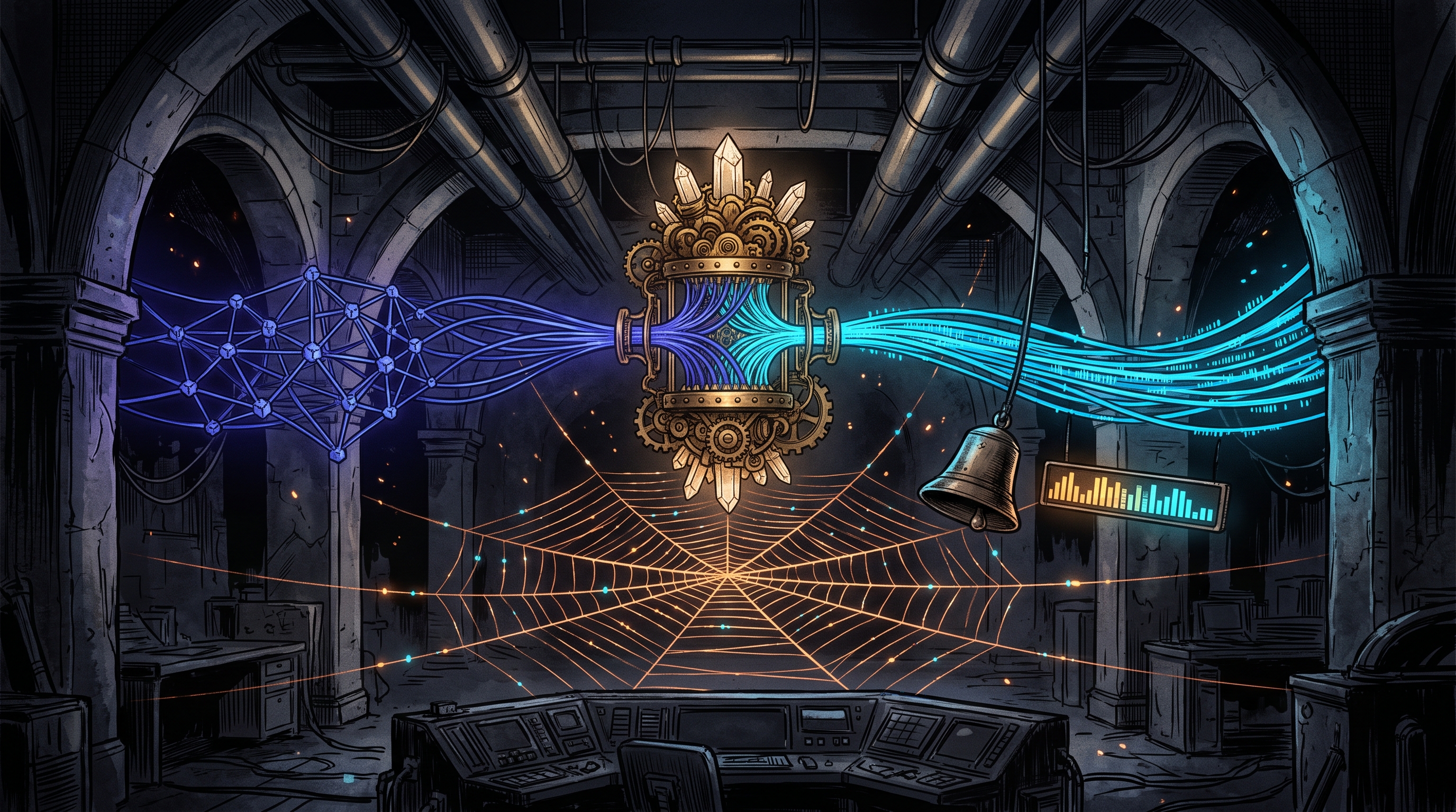 A glowing brass loom and copper spiderweb in a dark studio connecting neural crystal memory and live cyan wire streams.