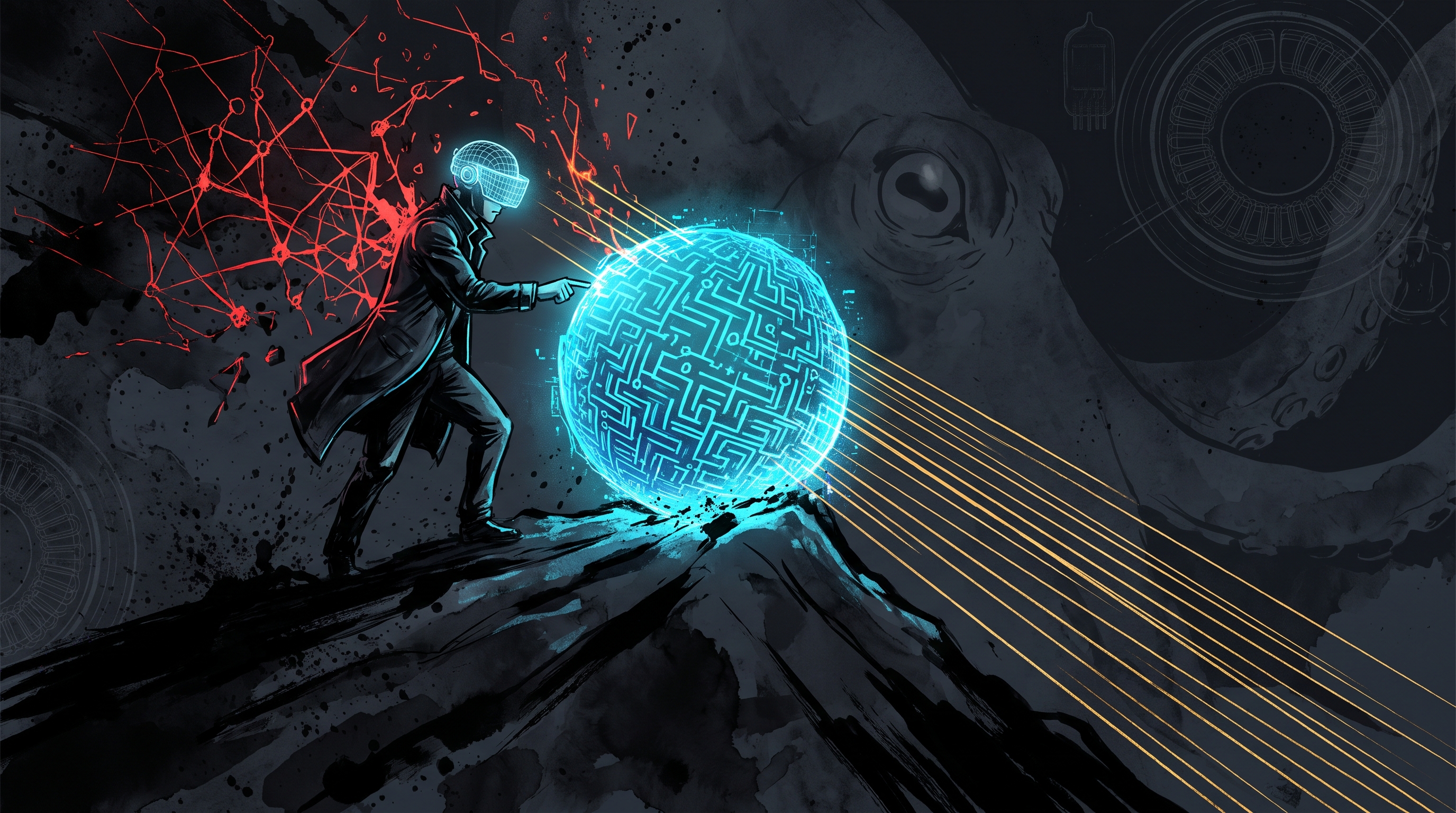 A digital avatar nudges a glowing snowball down a dark obsidian mountain as tangled webs turn into clean laser beams.
