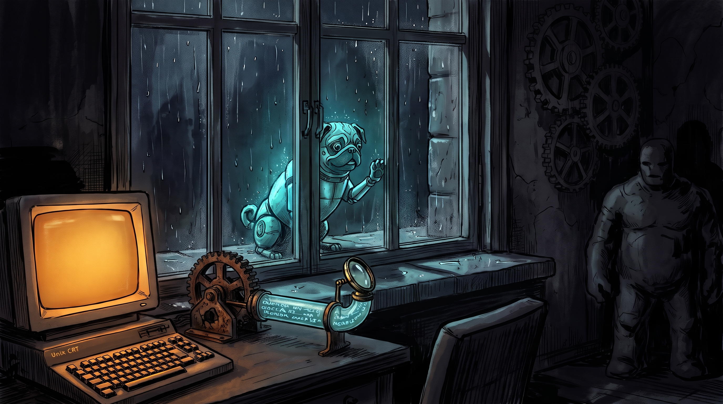 A glowing blue-green pug outside a dark window beside a glowing terminal screen.