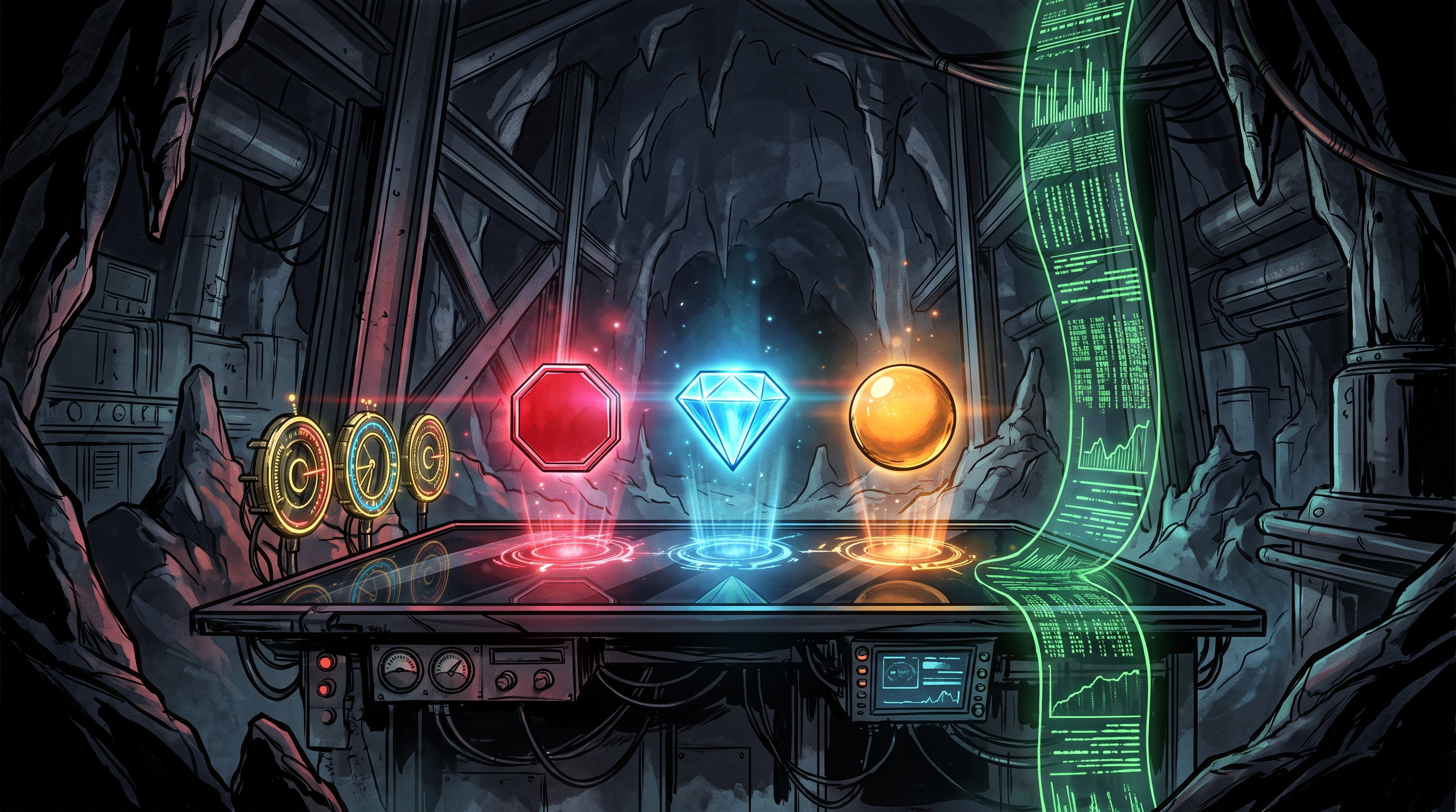 Three glowing geometric tokens in red, blue, and orange hover above circular ring gauges on a dark observatory console.