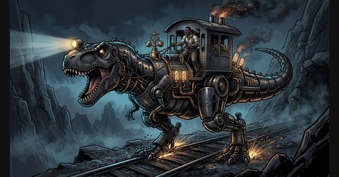 John Henry driving a governed steam-locomotive T-Rex down a mountain railroad track