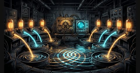 An antique brass radio frequency dial wired to eight glowing terminal waveguides against a dark obsidian backdrop.