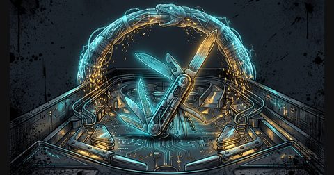 A glowing mechanical Swiss Army Knife on a pinball playfield surrounded by a fiber-optic ouroboros serpent in dark ink.