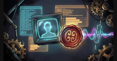 A square retro scanline avatar frame and circular wax seal floating dead-center over glowing terminal log panes in dark ink.