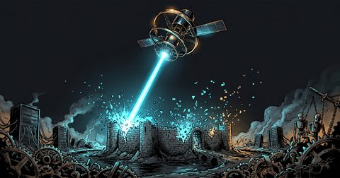 An orbital brass satellite cannon firing a cyan beam that vaporizes a moat of rusty clockwork server gears.