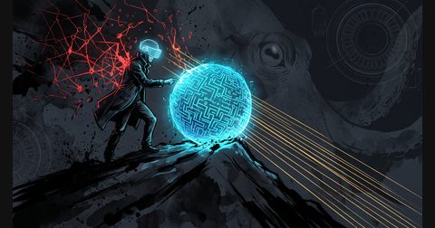 A digital avatar nudges a glowing snowball down a dark obsidian mountain as tangled webs turn into clean laser beams.