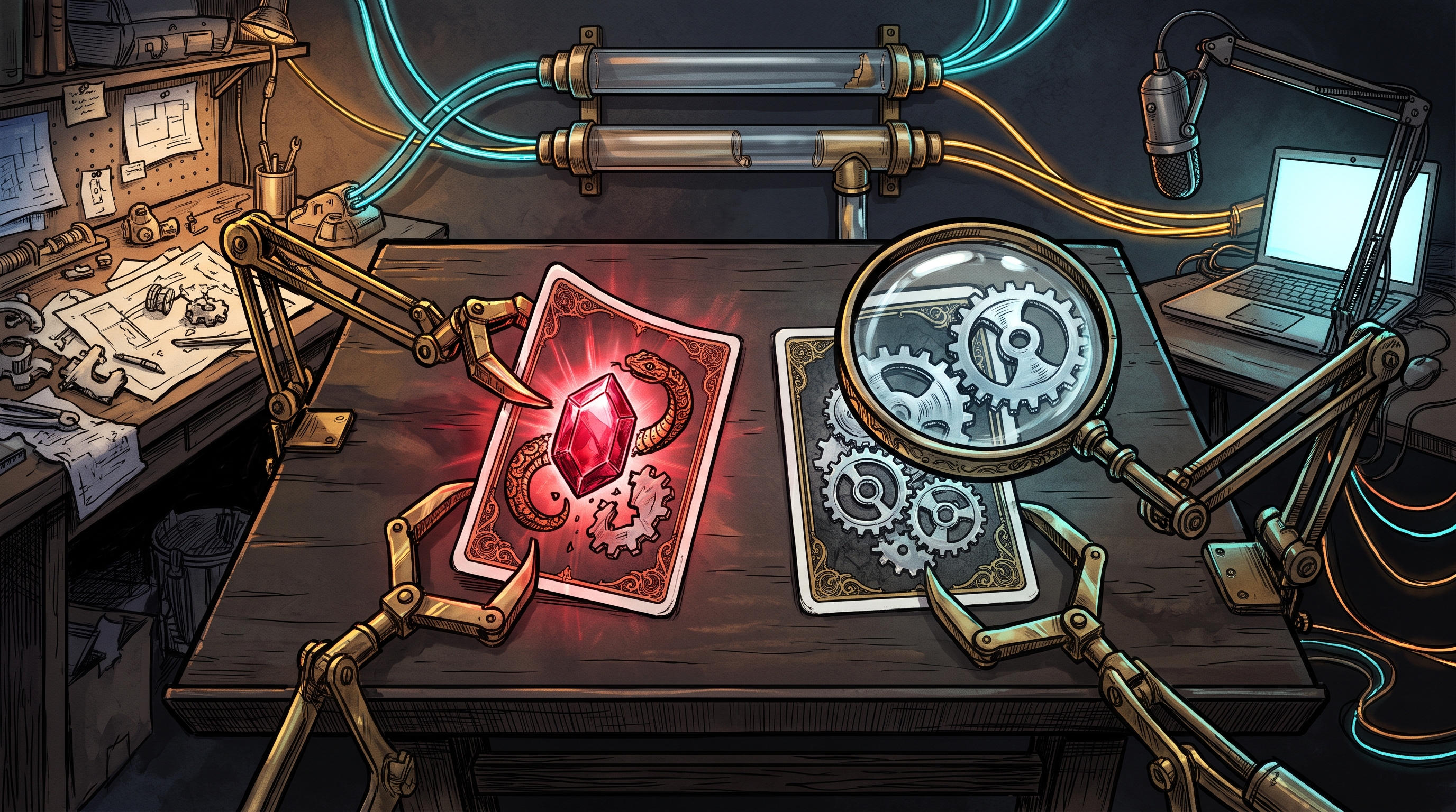 Graphic-novel illustration of a two-card game revealing a mechanical python and brass gears under a red ruby.