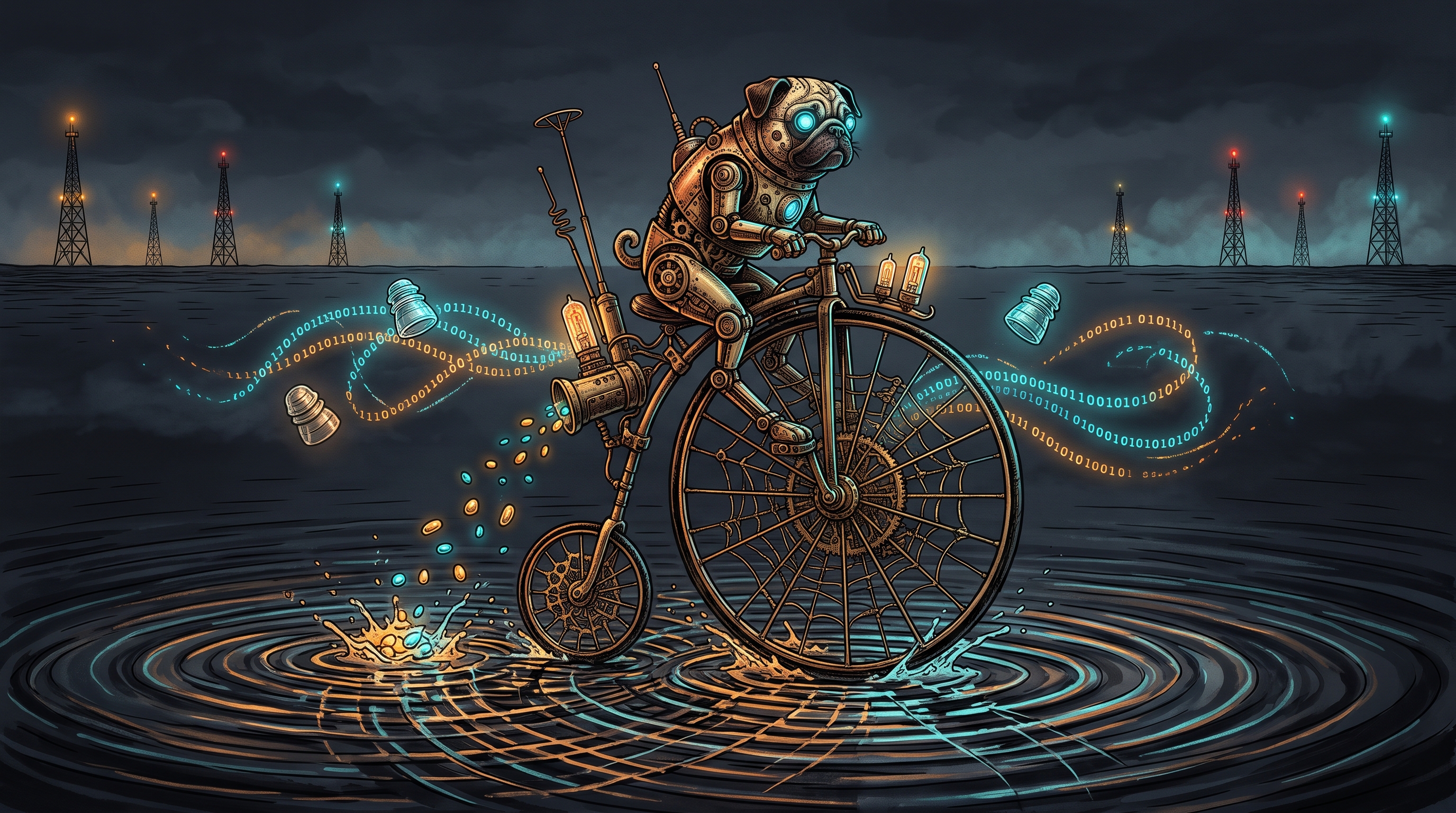 A brass clockwork pug riding a vintage broadcast bicycle across glowing cyan water ripples in a dark slate observatory.